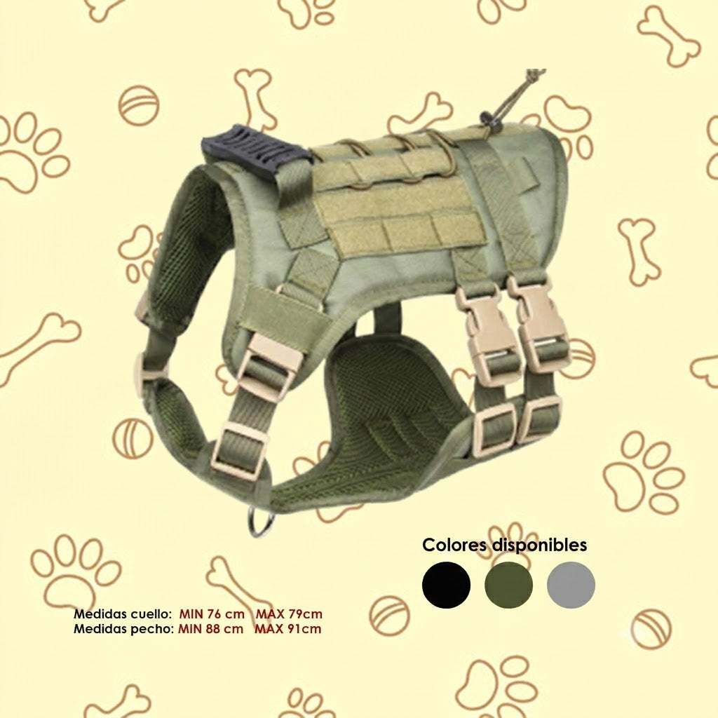 ARNÉS TÁCTICO MILITAR PARA PERROS GRANDES / SISTEMA MOLLE CUELLO 76-79 CM PECHO 88-91 CM - 3 COLORES