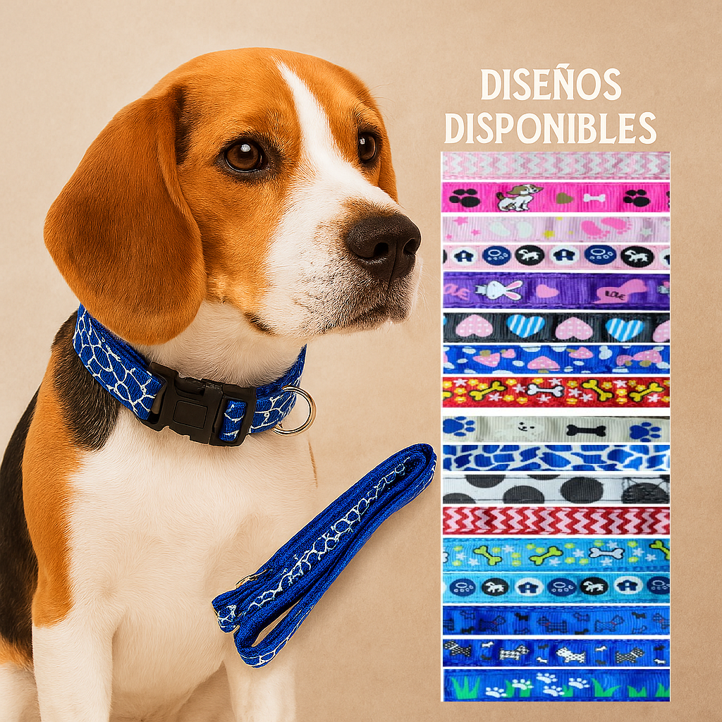 COLLAR CON CORREA PARA MASCOTA / 18 DISEÑOS DISPONIBLES