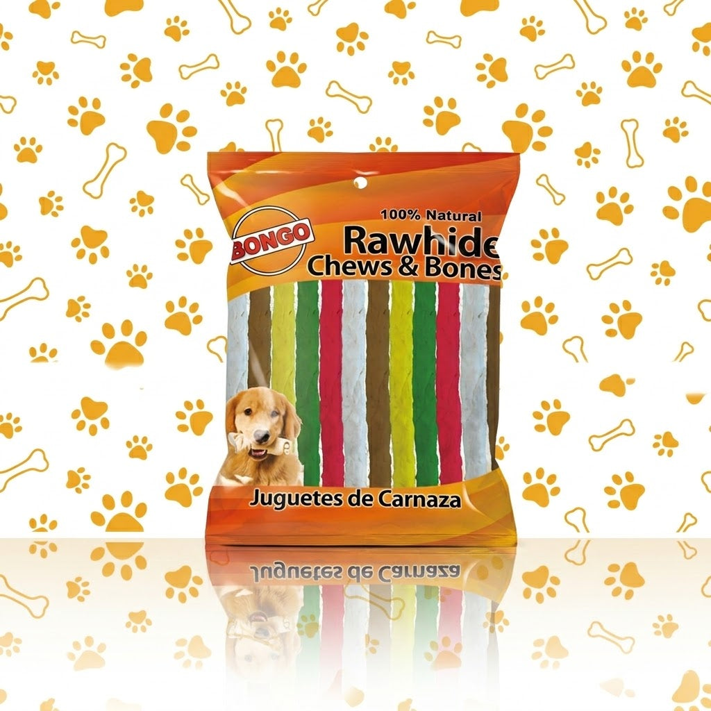 BONGO RAWHIDE CHEWS & BONES / JUGUETES DE CARNAZA 12 STICKS MULTICOLOR