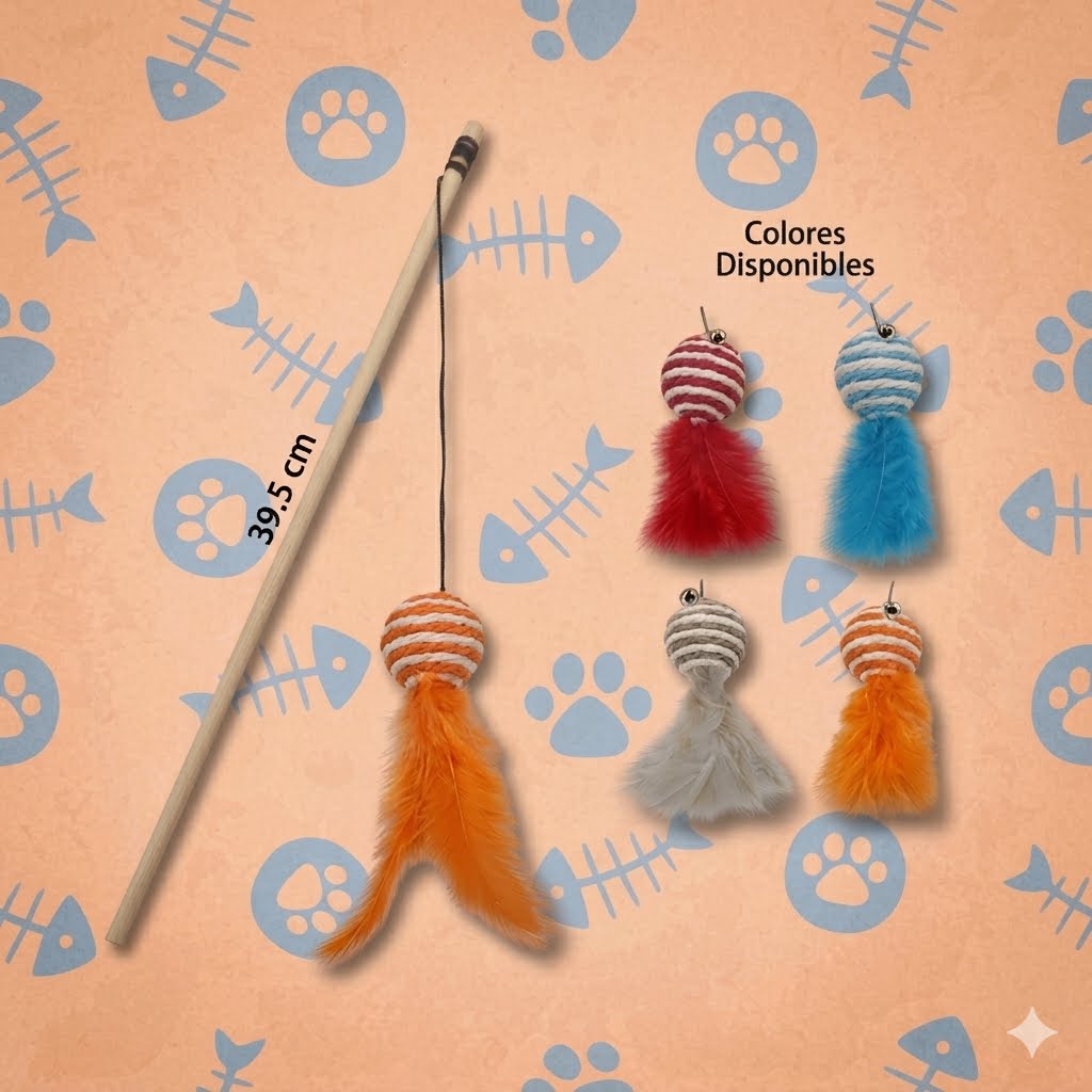 VARITA INTERACTIVA PARA GATOS / PELOTA CON PLUMAS 39.5 CM - 4 COLORES