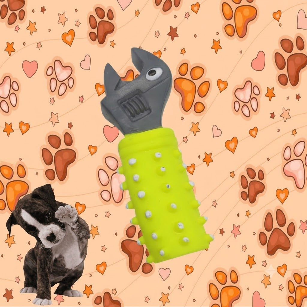 JUGUETE HERRAMIENTA DE GOMA CON PICOS PARA PERROS / SONIDO AL MORDER - GRIS Y VERDE