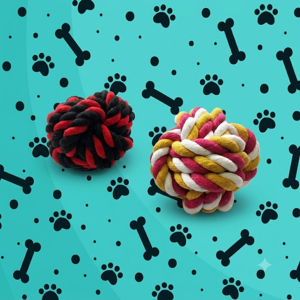 PELOTA DE CUERDA TRENZADA PARA PERROS / ALGODÓN MULTICOLOR - 2 DISEÑOS