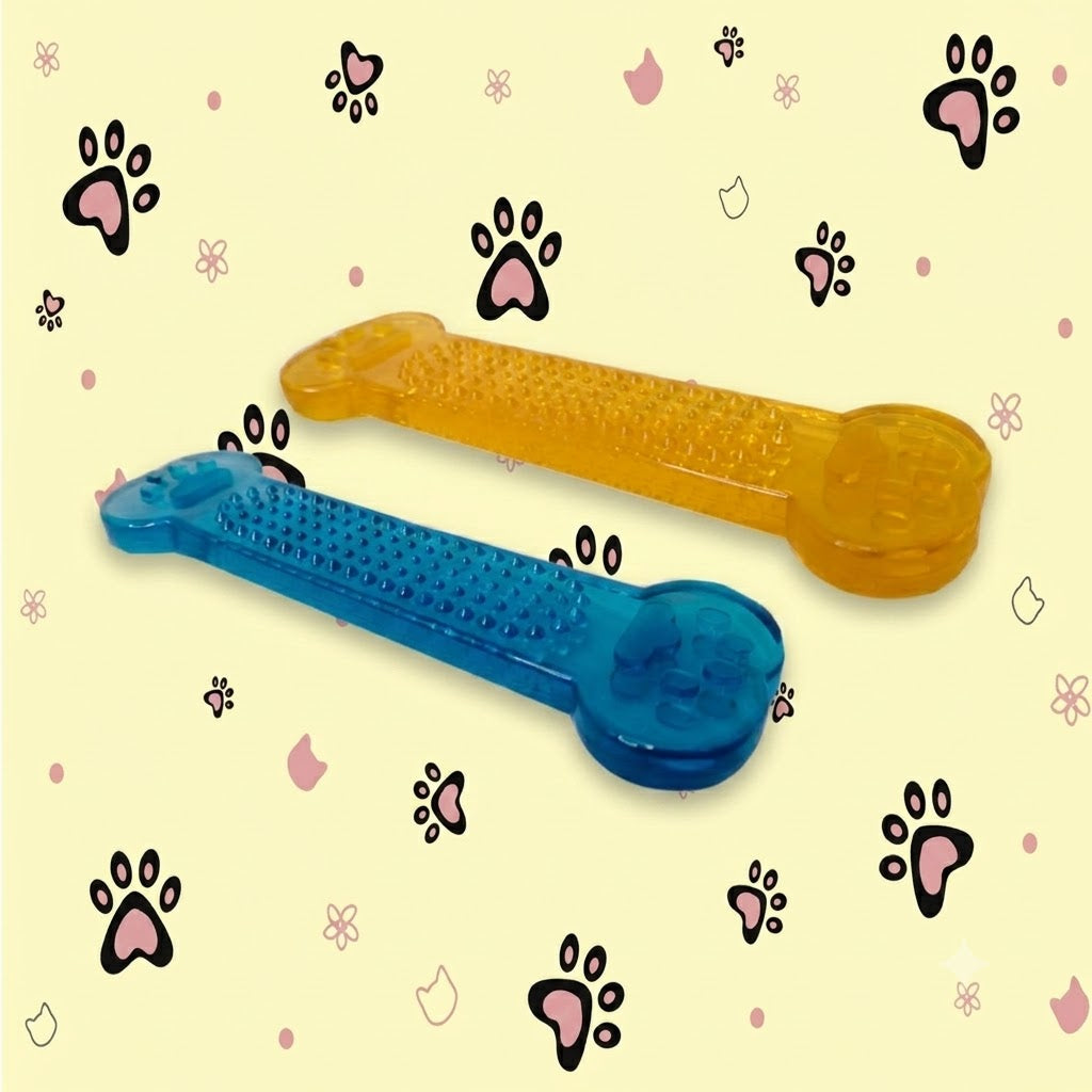 HUESO DENTAL DE GOMA PARA PERROS / CERDAS LIMPIADORAS - AMARILLO Y AZUL