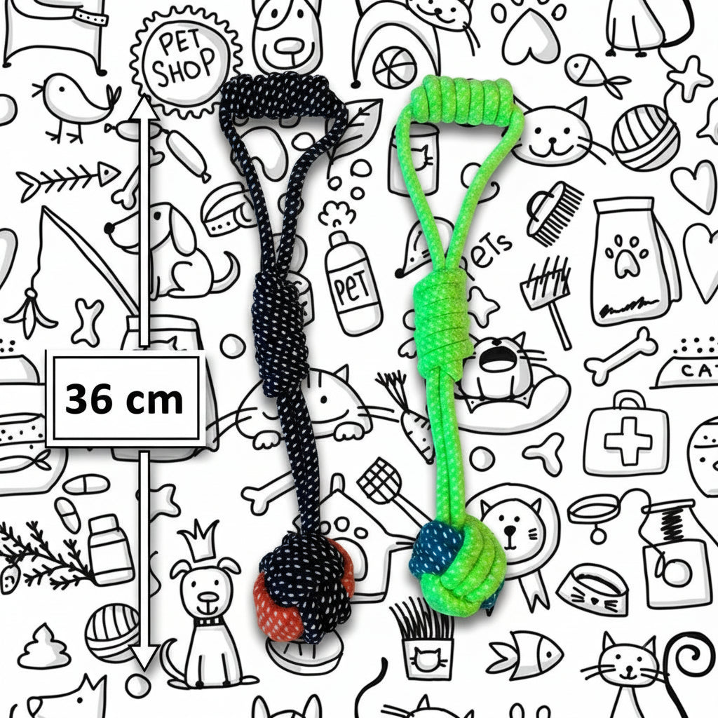 JUGUETE CUERDA CON ASA Y PELOTA DE NUDO PARA PERROS / 36 CM - NEGRO Y VERDE