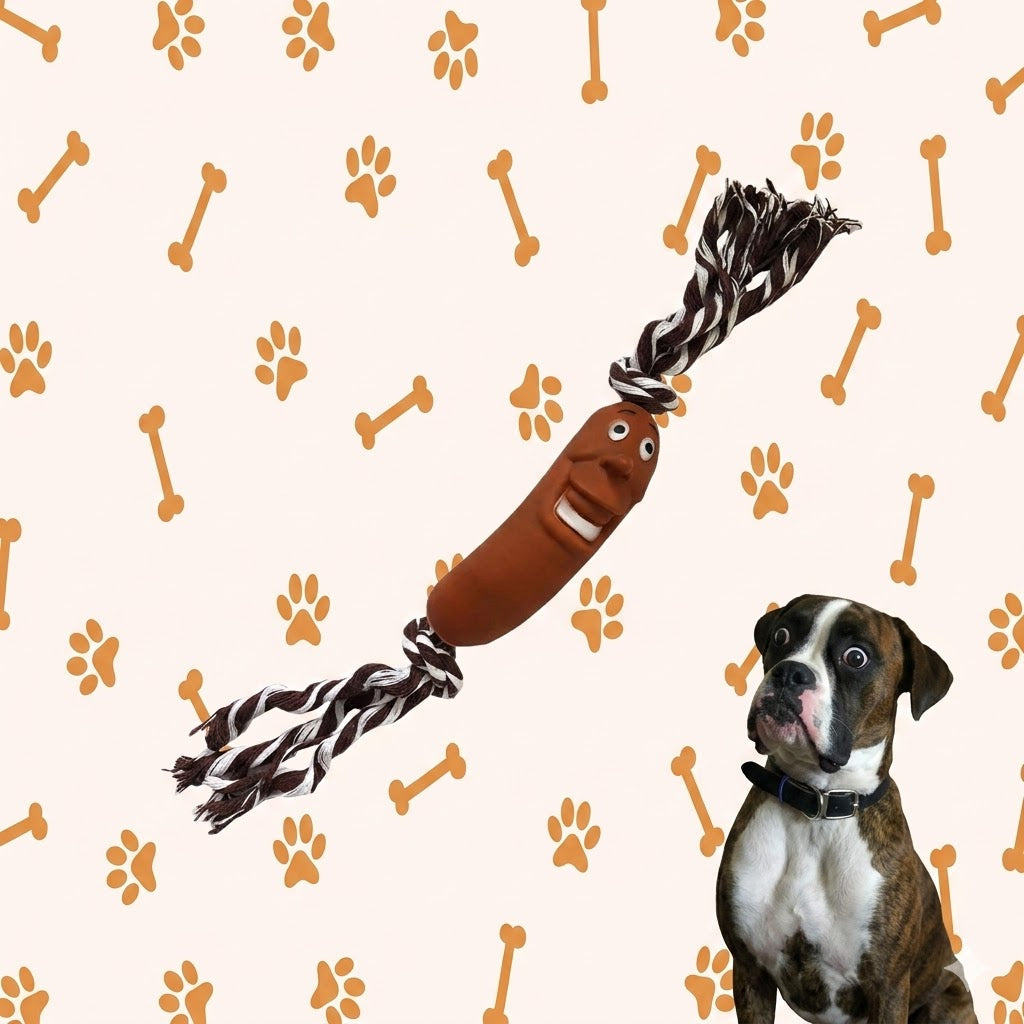 JUGUETE SALCHICHA DE GOMA CON CUERDAS PARA PERROS / CARA DIVERTIDA 34 X 3 CM