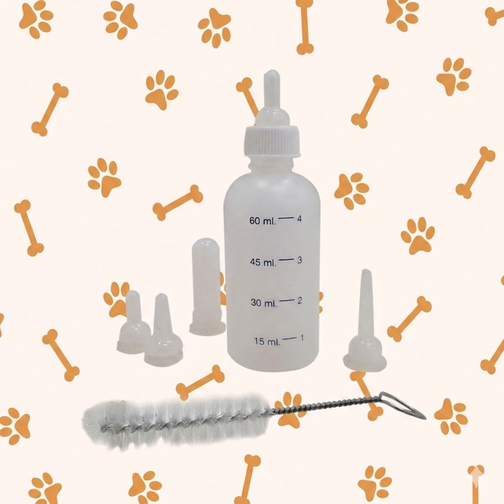 KIT BIBERÓN PARA CACHORROS Y GATITOS / 60 ML CON 4 TETINAS Y CEPILLO LIMPIADOR
