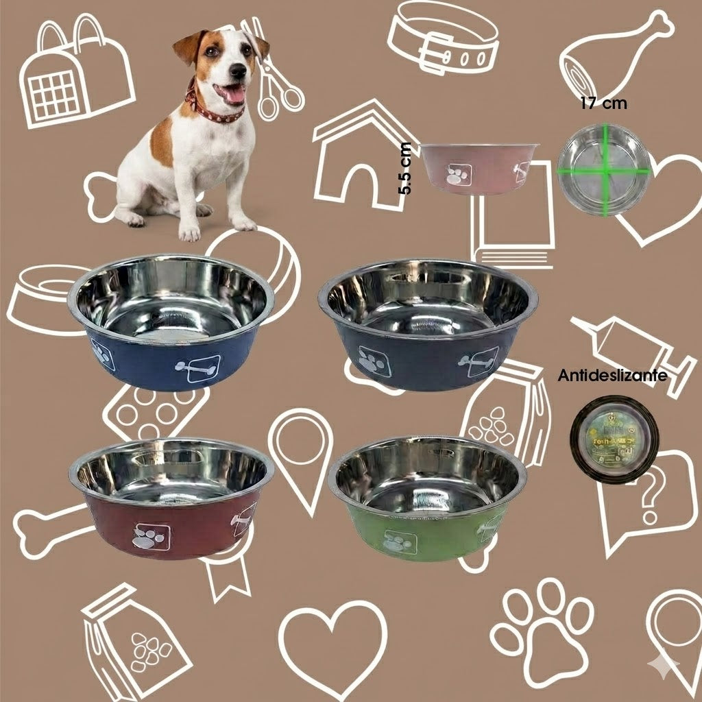 PLATO DE ACERO INOXIDABLE PARA MASCOTAS / EXTERIOR DE COLOR ANTIDESLIZANTE 17 CM