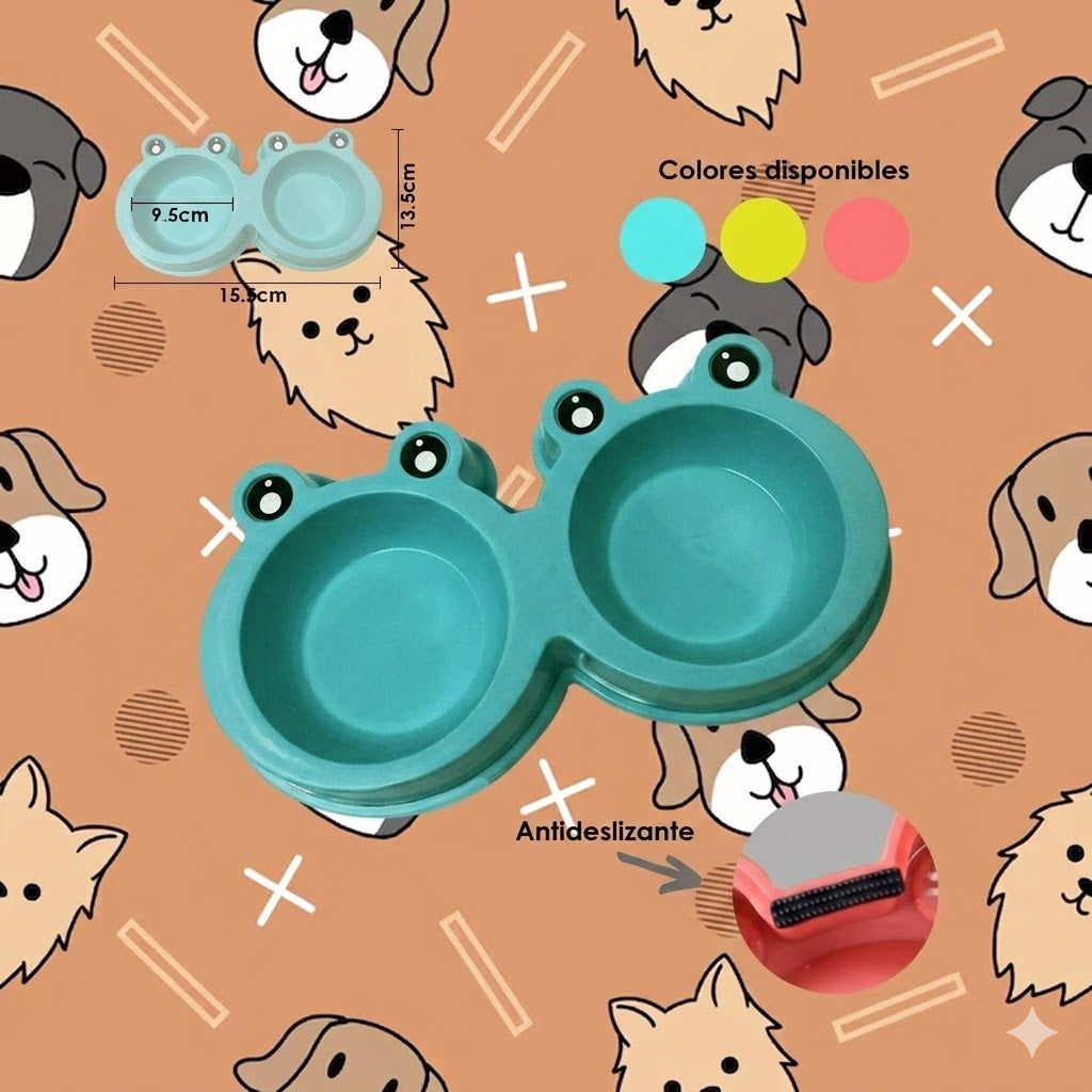 COMEDERO DOBLE DISEÑO RANITA PARA MASCOTAS / ANTIDESLIZANTE 15.5 CM