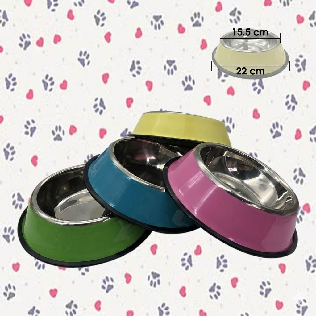 PLATO DE ACERO INOXIDABLE PARA MASCOTAS / EXTERIOR DE COLOR ANTIDESLIZANTE 22 CM - 4 COLORES