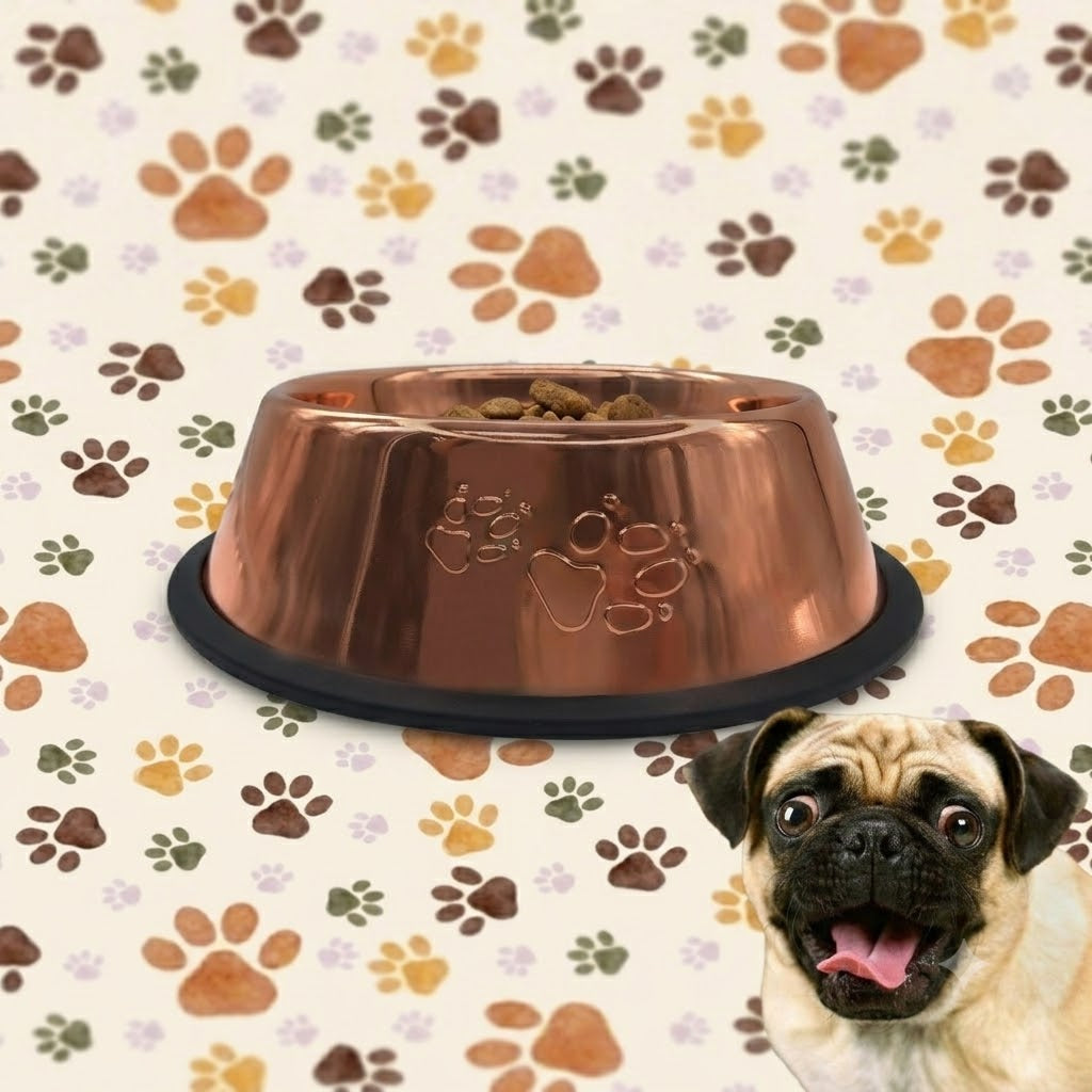 PLATO DE ACERO INOXIDABLE PARA MASCOTAS / ROSE GOLD CON HUELLAS ANTIDESLIZANTE