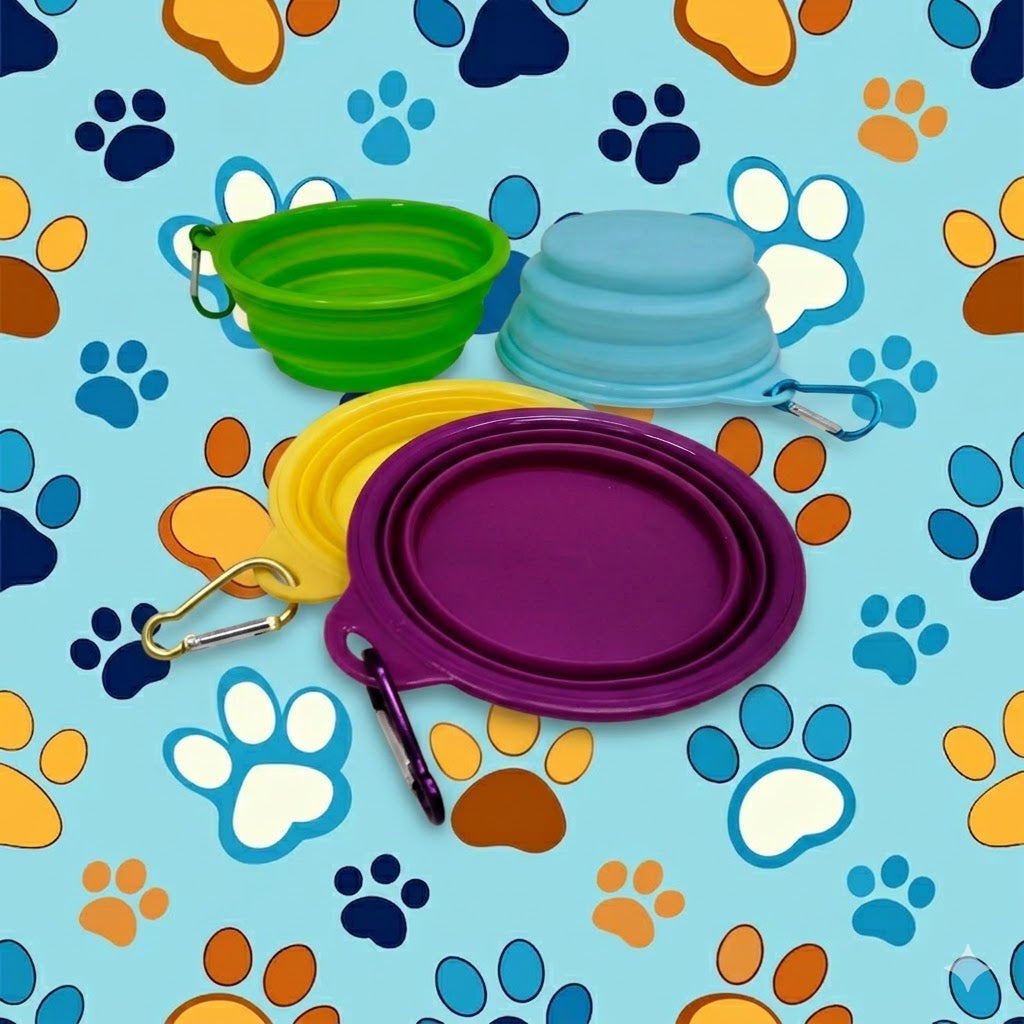 TAZÓN PLEGABLE DE SILICONA PARA MASCOTAS / CON MOSQUETÓN - COLORES VARIADOS