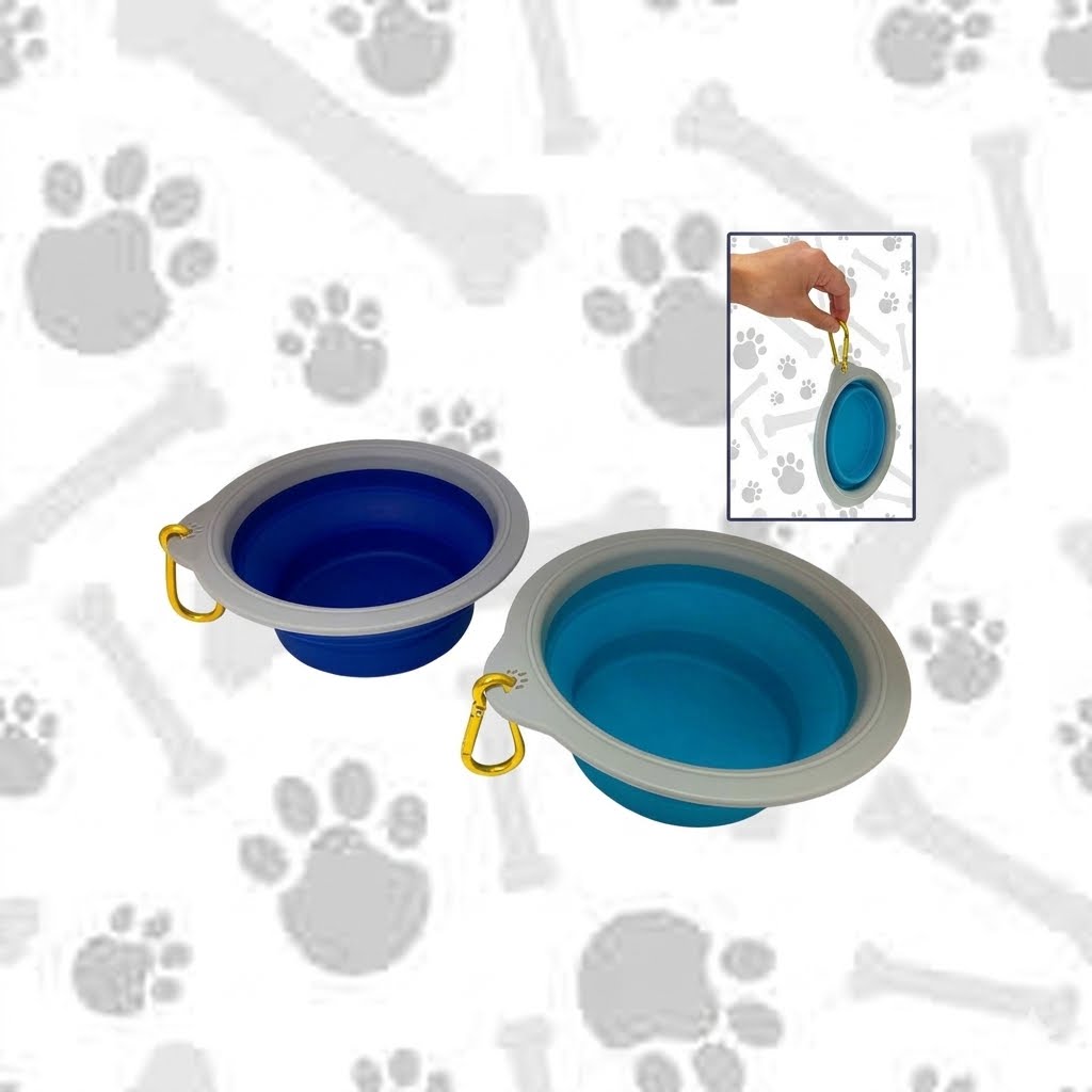 TAZÓN PLEGABLE DE SILICONA PARA MASCOTAS / CON MOSQUETÓN - COLORES VARIADOS