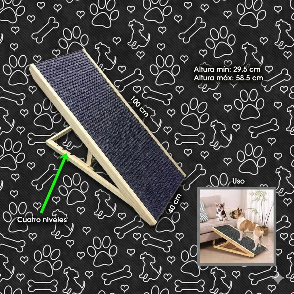 RAMPA DE MADERA AJUSTABLE PARA MASCOTAS / 4 NIVELES 100 X 40 CM