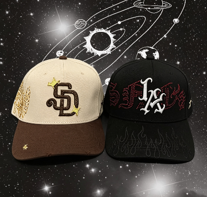 Gorras Big Boss San Diego Crystal Beige y LA Flames negra con strass - Kevin Hats