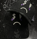 Gorra negra Sad Boyz con cara triste en strass, detalles morado y llamas - Dandy Hats x Junior H