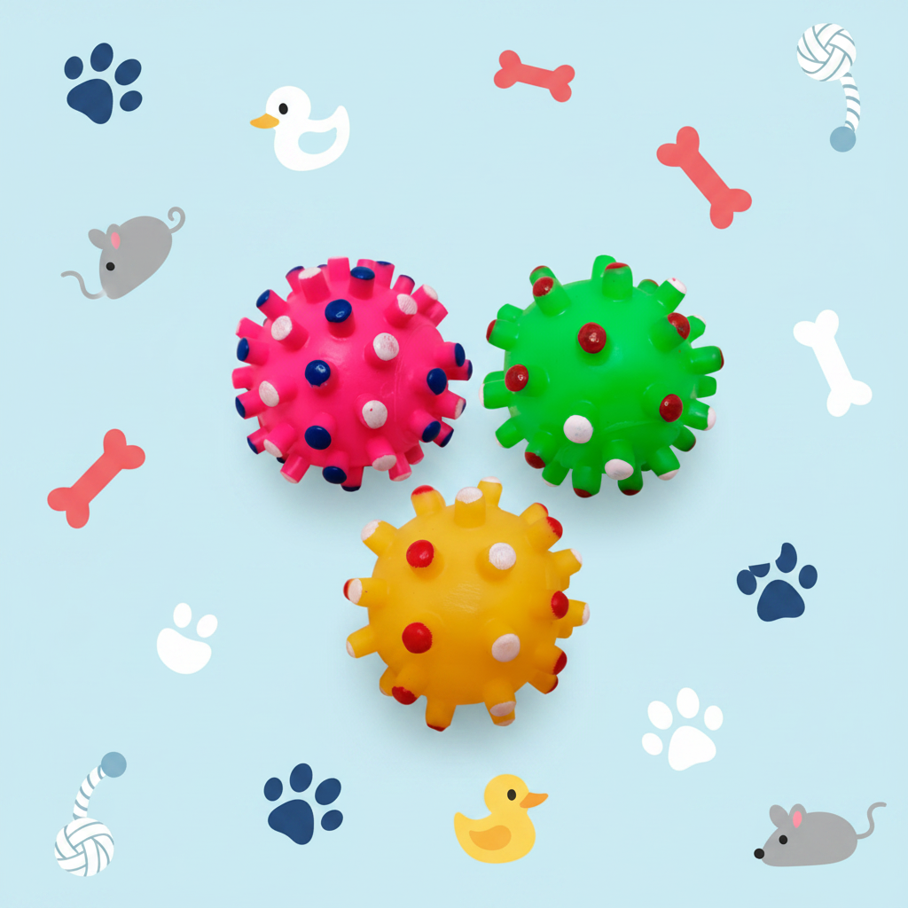 PELOTA DE GOMA CON PICOS PARA MASCOTAS / COLORES VERDE, ROSA Y AMARILLO